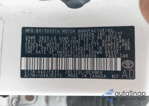 2017 Toyota Corolla Le z USA, uszkodzony, nr VIN 2T1BURHE4HC948694